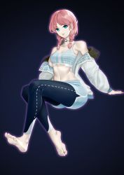 Rule 34 | 1girl, absurdres, arknights, bare shoulders, barefoot, blue background, blue eyes, blue poison (arknights), blue poison (shoal beat) (arknights), blue shorts, breasts, choker, commentary request, crop top, grin, highres, invisible chair, jacket, leggings, long hair, long sleeves, looking at viewer, midriff, navel, off shoulder, official alternate costume, open clothes, open jacket, parted lips, pink hair, short shorts, shorts, simple background, sitting, small breasts, smile, solo, sports bra, stomach, white jacket, xihongshiniuroubao zipora