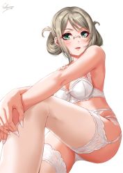 Rule 34 | 1girl, blush, bra, breasts, cleavage, frilled bra, frills, glasses, green eyes, highres, kantai collection, katori (kancolle), knee up, light brown hair, long hair, looking at viewer, medium breasts, panties, parted bangs, parted lips, sakiyamama, signature, simple background, smile, solo, thighhighs, thighs, underwear, white background, white bra, white panties, white thighhighs