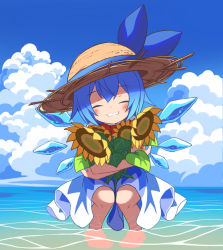 Rule 34 | 1girl, barefoot, beach, blue dress, blue hair, blue ribbon, blue sky, cirno, closed eyes, cloud, dress, facing viewer, flower, hat, hat ribbon, highres, horizon, ice, ice wings, ocean, open mouth, outdoors, ribbon, short hair, sitting, sky, smile, solo, straw hat, sunflower, touhou, tsuri buta, wings