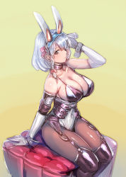 Rule 34 | 1girl, animal ears, black pantyhose, bow (bhp), breasts, cleavage, fake animal ears, gloves, large breasts, leotard, looking at viewer, original, pantyhose, playboy bunny, rabbit ears, revision, sitting, smile, solo, thighhighs, thighhighs over pantyhose, thighs, white gloves, white hair, wrist cuffs
