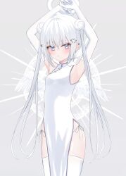 1girl angel angel_wings armpit_peek china_dress chinese_clothes double_bun dress elbow_gloves gloves hair_bun halo highres iris37337 original panties side-tie_panties side-tie_peek simple_background thighhighs thighs twintails underwear white_background white_dress white_hair white_halo white_thighhighs white_wings wings