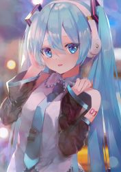 Rule 34 | 1girl, beats by dr. dre, black sleeves, blue eyes, blue hair, blue necktie, blurry, blurry background, collared shirt, commentary, detached sleeves, english commentary, grey shirt, hair between eyes, hands up, hatsune miku, headphones, highres, long hair, looking at viewer, necktie, shirt, sleeveless, sleeveless shirt, solo, takepon1123, tattoo, tongue, tongue out, twintails, upper body, vocaloid