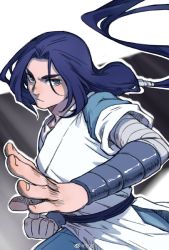Rule 34 | 1boy, bandaged arm, bandages, blue eyes, blue hair, clenched hand, cowboy shot, floating hair, guagua sun, highres, long hair, low-tied long hair, outline, short sleeves, solo, luo xiaohei zhanji, very long hair, white outline, wuxian (the legend of luoxiaohei)