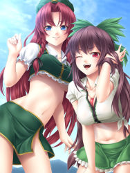 Rule 34 | 2girls, adapted costume, arm up, bad id, bad pixiv id, beret, blue eyes, blue sky, bow, braid, breasts, brown hair, crop top, day, female focus, from below, hair bow, hand in own hair, hat, highres, hong meiling, large breasts, long hair, midriff, mochi.f, multiple girls, navel, no panties, no wings, one eye closed, open mouth, outdoors, red eyes, red hair, reiuji utsuho, shirt, side slit, skirt, sky, smile, third eye, touhou, twin braids, underboob, wink