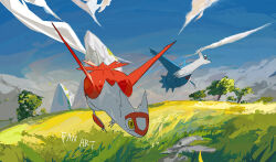 Rule 34 | apios, blue sky, claws, closed mouth, cloud, creatures (company), day, dragon, english text, expressionless, field, flying, full body, game freak, gen 3 pokemon, grass, latias, latios, legendary pokemon, looking afar, looking at another, mountainous horizon, nintendo, outdoors, pokemon, pokemon (creature), red eyes, sky, tree, yellow eyes