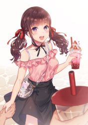Rule 34 | 1girl, :d, black ribbon, black skirt, blunt bangs, blurry, blurry foreground, brown hair, choker, collarbone, drinking straw, floating hair, frilled shirt, frills, hair ribbon, highres, holding, holding hands, kirushi (killcy), long hair, looking at viewer, nail polish, neck ribbon, off-shoulder shirt, off shoulder, open mouth, original, pink shirt, pov, purple eyes, red nails, red ribbon, ribbon, shirt, simple background, skirt, sleeveless, sleeveless shirt, smile, twintails, white background