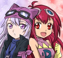 Rule 34 | 2girls, digimon, goggles, goggles on head, kizuna (digimon), long hair, looking at viewer, multiple girls, red eyes, sayo (digimon), smile