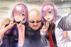 Rule 34 | 1boy, 2girls, :d, armor, armored dress, bald, bare shoulders, black-framed eyewear, blurry, blurry background, breasts, closed mouth, dress, dual persona, eyes visible through hair, facial hair, facing viewer, fate/grand order, fate (series), girl sandwich, glasses, hair over one eye, hand on another&#039;s shoulder, hands up, impossible clothes, impossible dress, jacket, large breasts, light purple hair, lips, long sleeves, mafia kajita, mash kyrielight, medium breasts, multiple girls, mustache, necktie, nekomata naomi, open clothes, open jacket, open mouth, parted lips, purple eyes, raglan sleeves, real life, red neckwear, sandwiched, short hair, smile, sparkle, sunglasses, upper body, v, wing collar