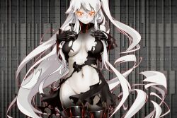 Rule 34 | 1girl, abyssal ship, aircraft carrier princess, armored boots, black dress, black sailor collar, black skin, blush, boots, breasts, character name, closed mouth, colored skin, copyright name, dress, glowing, glowing eyes, gradient skin, grey skin, kantai collection, large breasts, long hair, looking at viewer, one side up, oso (toolate), pale skin, red eyes, sailor collar, simple background, solo, sweat, thigh boots, torn clothes, torn dress, very long hair, watermark, web address, white hair