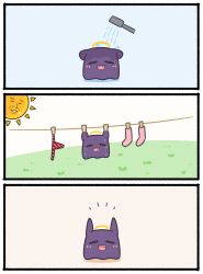 Rule 34 | 1other, 3koma, absurdres, chibi, clothes pin, clothesline, comic, commentary, drying, drying clothes, english commentary, fang, grass, halo, highres, hololive, hololive english, laundry, mpien, octopus, open mouth, panties, shower head, showering, silent comic, socks, striped clothes, striped panties, sun, takodachi (ninomae ina&#039;nis), underwear, unworn panties, virtual youtuber, wet, yagoo
