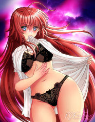 Rule 34 | 1girl, artist name, belly, black bra, black panties, blue eyes, blush, bra, breasts, closed mouth, clothes in mouth, clothes lift, commentary, covered erect nipples, curvy, demon wings, deviantart username, eyelashes, hair between eyes, high school dxd, highres, hip focus, holding, k.g.fantasy, kgfantasy, lace, large breasts, light smile, lingerie, lips, long hair, looking at viewer, loose clothes, loose shirt, mature female, oversized clothes, oversized shirt, panties, parted lips, patreon username, red hair, rias gremory, shirt, short sleeves, signature, smile, solo, standing, thick thighs, thighs, twitter username, underwear, very long hair, watermark, web address, white shirt, wide hips, wings