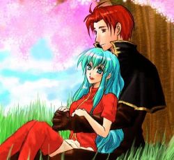 Rule 34 | aqua eyes, aqua hair, blue eyes, blue hair, blush, boots, cherry blossoms, couple, eirika (fire emblem), fire emblem, fire emblem: the sacred stones, from behind, gloves, grass, happy, hug, hug from behind, knight, long hair, lowres, nintendo, open mouth, own hands clasped, own hands together, princess, red eyes, red hair, seth (fire emblem), short hair, sitting, sitting on lap, sitting on person, skirt, sky, smile, thigh boots, thighhighs, tree
