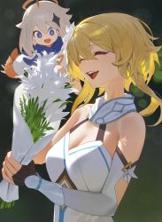 Rule 34 | 2girls, bare shoulders, blonde hair, blush, bouquet, breasts, cleavage, closed eyes, detached sleeves, dress, flower, genshin impact, hair flower, hair ornament, highres, hood (james x), large breasts, lumine (genshin impact), medium hair, multiple girls, open mouth, paimon (genshin impact), scarf, sidelocks, smile, white dress, white scarf