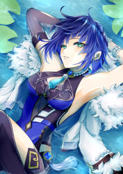 Rule 34 | 1girl, armpits, arms behind head, arms up, bare shoulders, black gloves, black pants, blue hair, breasts, commentary request, elbow gloves, fur-trimmed jacket, fur trim, genshin impact, gloves, green eyes, grin, jacket, leggings, lily pad, looking at viewer, lying, medium breasts, on back, pants, parted lips, partial commentary, short hair, shou fuji, sleeveless, smile, solo, water, white jacket, yelan (genshin impact)