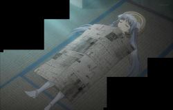 Rule 34 | 10s, absurdres, boots, highres, long hair, miss monochrome, miss monochrome (character), newspaper, screencap, silver hair, sleeping, solo, tatami, thigh boots, thighhighs, twintails
