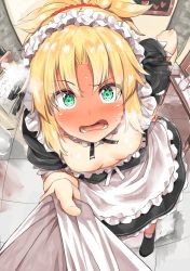 Rule 34 | 1girl, ahoge, alternate costume, apron, b-ginga, black footwear, blonde hair, blush, braid, breasts, cleavage, detached collar, downblouse, dress, fate (series), green eyes, hair intakes, hand on own hip, highres, indoors, long hair, looking at viewer, maid, mordred (fate), mordred (fate/apocrypha), no bra, open mouth, ponytail, pov, puffy short sleeves, puffy sleeves, scrunchie, shirt grab, short sleeves, small breasts, steam, sweat