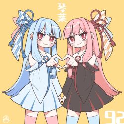 Rule 34 | 2girls, :3, arm at side, black dress, blue dress, blue hair, blue ribbon, blue thighhighs, blunt ends, blush stickers, bright pupils, character name, closed mouth, collared dress, commentary request, cowboy shot, detached sleeves, dress, flower knot, hair ribbon, hand up, heart, heart hands, heart hands duo, highres, jitome, kotonoha akane, kotonoha aoi, long hair, looking at viewer, low-tied sidelocks, mg gumin, multiple girls, neck ribbon, pink hair, pink thighhighs, red eyes, red ribbon, ribbon, siblings, sidelocks, signature, simple background, sisters, sleeveless, sleeveless dress, smile, smirk, thighhighs, voiceroid, white pupils, wide sleeves, yellow background