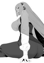 Rule 34 | 1girl, ass, blunt bangs, blush, dress, from behind, greyscale, highres, huge ass, long hair, long sleeves, looking at viewer, looking back, momoko (shoutao), monochrome, original, shoutao, sitting, solo, white background