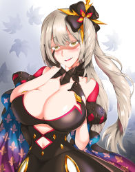 Rule 34 | black dress, breast press, breasts, cleavage, dress, fate/grand order, fate (series), hair ornament, hand on own chest, highres, large breasts, long hair, looking at viewer, marie antoinette (alter) (fate), marie antoinette (fate), pale skin, sang youmu, side ponytail, smile