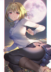 Rule 34 | 1girl, antenna hair, arcueid brunestud, ass, black pantyhose, blonde hair, boots, breasts, brown footwear, commentary request, full moon, hair intakes, jewelry, medium breasts, moon, necklace, pantyhose, parted lips, pleated skirt, red eyes, short hair, skirt, smile, solo, taut clothes, thighs, tsukihime, turtleneck, yoshimoto (dear life)