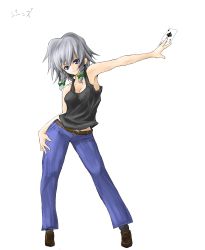 Rule 34 | 1girl, absurdres, ace (playing card), ace of spades, blue eyes, braid, card, denim, female focus, highres, holding, holding card, izayoi sakuya, jeans, memento vivi, pants, playing card, short hair, silver hair, simple background, solo, spade (shape), tank top, touhou, twin braids, white background