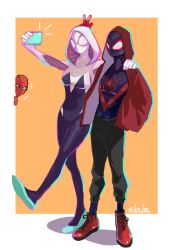 Rule 34 | 1girl, 2boys, arm around shoulder, black pants, bodysuit, breasts, bunny ears prank, cellphone, clenched hand, gwen stacy, half-closed eyes, holding, holding phone, hood, hooded bodysuit, hooded jacket, jacket, marvel, mask, miles morales, multiple boys, pants, peter parker, phone, red footwear, red jacket, selfie, shoes, small breasts, smartphone, sneakers, spider-gwen, spider-man, spider-man: into the spider-verse, spider-man (miles morales), spider-man (series), spider-verse, superhero costume, sushi pizza rrr, track pants, v, white eyes