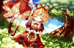Rule 34 | 2girls, bad id, bad pixiv id, blonde hair, blush, boots, child, closed eyes, dress, female focus, flower, gorota, head wreath, kazami yuuka, lily of the valley, medicine melancholy, multiple girls, outstretched arms, plaid, plaid skirt, plaid vest, ribbon, short hair, sitting, skirt, skirt set, spread arms, touhou, tree, vest