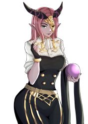 Rule 34 | 1girl, absurdres, curvy, fire emblem, fire emblem: three houses, fire emblem echoes: shadows of valentia, highres, horns, jewelry, lipstick, makeup, mask over one eye, nintendo, nuibaba, pointy ears, solo, villager c, witch
