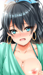 Rule 34 | 1girl, aqua eyes, bad id, bad pixiv id, black hair, blush, breasts, breasts out, cleavage, collar tug, collarbone, earrings, fang, female focus, flashing, ganaha hibiki, hair ribbon, idolmaster, idolmaster (classic), inu (marukome), jewelry, large breasts, long hair, looking at viewer, nipples, open mouth, ribbon, simple background, solo, sweat