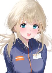 Rule 34 | 1girl, absurdres, blonde hair, blue eyes, blue shirt, blush, daily (daily178900), highres, long hair, looking at viewer, low twintails, mixed-language commentary, open mouth, original, shirt, simple background, smile, solo, teeth, twintails, upper body, upper teeth only, white background