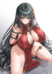 Rule 34 | 1girl, arms behind back, barefoot, black hair, blush, bound, bound arms, breasts, brown eyes, china dress, chinese clothes, cleavage cutout, closed mouth, clothing cutout, covered erect nipples, dress, hair ornament, highres, huge breasts, long hair, looking at viewer, original, pelvic curtain, restrained, rope, scowl, shibari, shibari over clothes, skindentation, solo, squatting, thick thighs, thighlet, thighs, very long hair, youshuu
