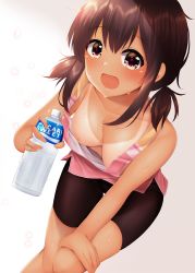 Rule 34 | 1girl, :d, areola slip, bike shorts, black shorts, blush, bottle, breasts, brown eyes, brown hair, cherry blossoms, cleavage, collarbone, commentary request, cropped legs, downblouse, dutch angle, hair between eyes, hand on own knee, highres, holding, holding bottle, leaning forward, light, looking at viewer, medium breasts, medium hair, minato ojitan, no bra, open mouth, original, pink shirt, pocari sweat, shirt, shorts, sidelocks, simple background, sleeveless, sleeveless shirt, smile, solo, sweat, tan, twintails, wardrobe malfunction, water bottle, white background