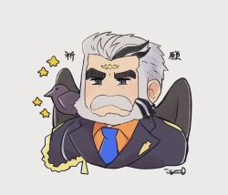 Rule 34 | 1boy, animal, animal on shoulder, bara, beard, bird, bird on shoulder, character request, cropped torso, deformed, facial hair, formal, full beard, grey hair, igarashi (igarashi ta), light frown, looking ahead, male focus, mature male, mismatched eyebrows, multicolored hair, muscular, muscular male, necktie, scar, scar on face, scar on forehead, solo, sparkle, streaked beard, streaked hair, suit, thick beard, thick eyebrows, thick mustache, tokyo houkago summoners, translation request