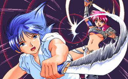 Rule 34 | 2girls, angry, armor, artist request, battle, blue hair, blue theme, breasts, dagger, dithering, fighting, foreshortening, hercequary, knife, multiple girls, pc-98 (style), pc98, pink hair, pink theme, reika (hercequary), reverse grip, roza (hercequary), sword, underboob, weapon