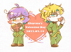Rule 34 | 2boys, artist name, blonde hair, blue eyes, blush, brown footwear, candy, chibi, chocolate, chocolate heart, covering own mouth, dated, english text, food, green jacket, green pants, gundam, hand in pocket, heart, high collar, highres, holding, holding chocolate, holding food, holding heart, jacket, male focus, mobile suit gundam the origin, multiple boys, orange eyes, pants, purple hair, shiikura, signature, smirk, sweat, valentine, white background, yaoi