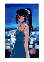 Rule 34 | 1girl, absurdres, bare shoulders, black hair, blush, city, city lights, closed mouth, dress, expressionless, hibike! euphonium, highres, kousaka reina, long hair, looking at viewer, mou (piooooon), night, outdoors, ponytail, purple eyes, scrunchie, sky, sleeveless, sleeveless dress, solo, spaghetti strap, standing, white dress