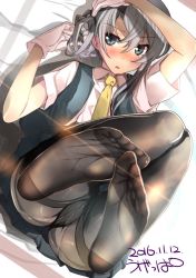 Rule 34 | 10s, 1girl, blue eyes, blush, clothes pull, dated, feet, feet up, gloves, grey hair, gusset, hair between eyes, kantai collection, legs up, looking away, lying, necktie, no shoes, nowaki (kancolle), on back, open mouth, panties, panties under pantyhose, pantyhose, school uniform, shirt, short hair, short sleeves, signature, skirt, skirt pull, soles, solo, thighband pantyhose, toes, ugeppa, underwear, white gloves, white shirt
