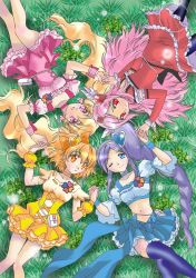 Rule 34 | 00s, 4girls, absurdres, aono miki, blonde hair, blue eyes, blue skirt, blush, bow, brooch, brown eyes, choker, circle formation, corset, cure berry, cure passion, cure peach, cure pine, curly hair, dress, earrings, eyelashes, fresh precure!, grass, green background, hair ornament, hair ribbon, hairband, hairpin, heart, heart earrings, heart hair ornament, higashi setsuna, highres, holding hands, jewelry, crossed legs, long hair, lying, magical girl, midriff, momozono love, multiple girls, muumin, navel, on back, on grass, on ground, one eye closed, orange hair, pink bow, pink eyes, pink hair, ponytail, precure, purple hair, red eyes, ribbon, rotational symmetry, short hair, sidelocks, sitting, skirt, smile, thighhighs, tiara, twintails, waist bow, wrist cuffs, yamabuki inori