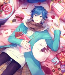 Rule 34 | 1boy, akiyoshi (tama-pete), anniversary, bed, birthday, blue eyes, blue hair, blue nails, cake, cat, chocolate, flower, food, gift, hair between eyes, headphones, ice cream, kaito (vocaloid), letter, long sleeves, looking at viewer, lying, male focus, nail polish, on back, open mouth, pillow, rose, scarf, short hair, smile, solo, text focus, vocaloid, wire