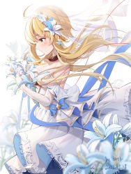Rule 34 | 1girl, ahoge, backless dress, backless outfit, bare shoulders, blonde hair, blurry, blush, bouquet, breasts, bridal veil, bride, cleavage, collar, collarbone, dated, depth of field, dress, floating hair, flower, from side, genshin impact, gloves, hair flower, hair ornament, highres, jewelry, lily (flower), long dress, long hair, looking at flowers, lumine (genshin impact), medium breasts, miaogujun, profile, ring, signature, solo, veil, wedding dress, white dress, wind, wind lift, yellow eyes
