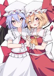 Rule 34 | 2girls, ascot, blonde hair, blue hair, commentary request, flandre scarlet, hair between eyes, hat, highres, holding hands, interlocked fingers, looking at viewer, mob cap, multiple girls, one eye closed, red ascot, red eyes, red skirt, remilia scarlet, short hair, siblings, silver hair, simple background, sisters, skirt, smile, touhou, tsukimirin, white background, white skirt, wrist cuffs, yellow ascot