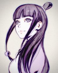 Rule 34 | 1girl, ace attorney, black hair, closed mouth, hair ornament, half updo, highres, ilya kuvshinov, japanese clothes, long hair, maya fey, muted color, simple background, smile, solo