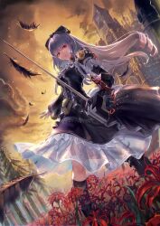 Rule 34 | black dress, breasts, building, chain, cityscape, cosmic break, dress, feathers, flower, frilled dress, frills, goruva, gothic lolita, hair ribbon, highres, holding, holding sword, holding weapon, ivis, lolita fashion, long hair, looking at viewer, mecha musume, medium breasts, rapier, red eyes, ribbon, sky, spider lily, sword, weapon, white hair