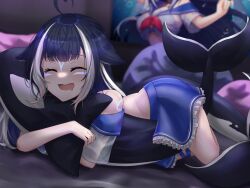 Rule 34 | 1girl, ahoge, animal ears, bare shoulders, bean bag chair, black hair, blue skirt, blurry, blurry background, body markings, breasts, cetacean tail, closed eyes, drooling, facial mark, fins, fish tail, frilled skirt, frills, heart, heart ahoge, highres, holding, holding stuffed toy, indie virtual youtuber, large breasts, long hair, mouth drool, multicolored hair, narunin, orca, orca girl, poster (object), red ribbon, ribbon, school uniform, see-through, see-through shirt, serafuku, shylily, shylily (1st costume), skirt, streaked hair, stuffed animal, stuffed orca, stuffed toy, tail, thigh strap, virtual youtuber, white serafuku