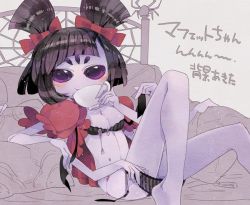 Rule 34 | 1girl, black hair, blush, bow, bra, breasts, cleavage, cup, extra arms, extra eyes, fangs, arthropod girl, monster girl, muffet, panties, puffy sleeves, ribbon, short hair, silk, solo, spider girl, spider web, teacup, undertale, underwear