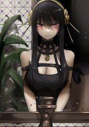 Rule 34 | 1girl, bare shoulders, black dress, black hair, breasts, cleavage, closed mouth, dress, earrings, flower, gold earrings, gold hairband, hair flower, hair ornament, hairband, highres, jewelry, large breasts, long hair, looking at viewer, mirror, myuga66666, red eyes, reflection, rose, sidelocks, smile, spy x family, yor briar