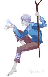 Rule 34 | 1boy, animification, barefoot, full body, hood, hoodie, jack frost (rise of the guardians), magic, male focus, rise of the guardians, sara666, silver hair, simple background, solo, staff, stick, white background
