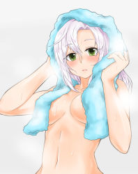 Rule 34 | 10s, 1girl, absurdres, blush, breasts, convenient censoring, green eyes, grey hair, highres, hitotsuki no yagi, kantai collection, kinugasa (kancolle), large breasts, naked towel, navel, nude, pink hair, simple background, solo, standing, steam, towel, upper body, wet