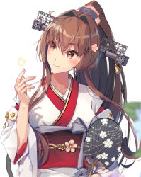 Rule 34 | 1girl, brown eyes, brown hair, cherry blossoms, closed mouth, flower, hair flower, hair ornament, hand fan, head tilt, himeyamato, japanese clothes, kantai collection, kimono, long hair, looking to the side, ponytail, self-upload, simple background, smile, solo, very long hair, white background, yamato (kancolle), yamato kai ni (kancolle)