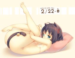 Rule 34 | 1girl, ahoge, animal ears, barefoot, bell, bikini, bikini top only, black hair, blue eyes, breasts, cat ears, cat tail, censored, convenient censoring, feet, hair ribbon, hugging own legs, knees to chest, legs folded, legs up, lying, micro bikini, no panties, on back, one-piece swimsuit, original, pillow, ribbon, shadow, short hair, simple background, small breasts, solo, swimsuit, tail, tail bell, tail censor, tail ornament, white bikini, white one-piece swimsuit, yamucha